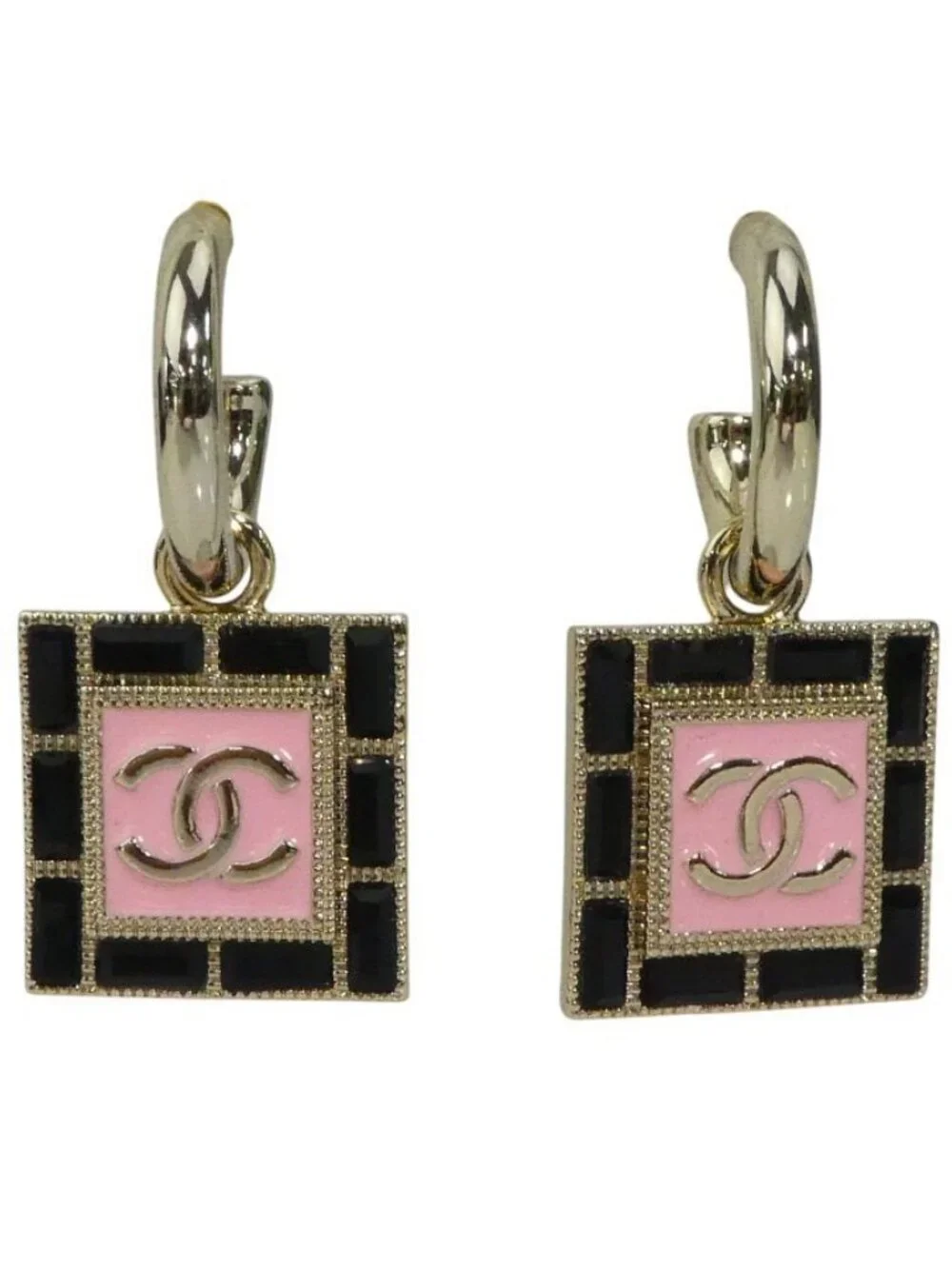 CHANEL CC Logo Pierce Earrings Gold/Black/Pink Metal/Enamel